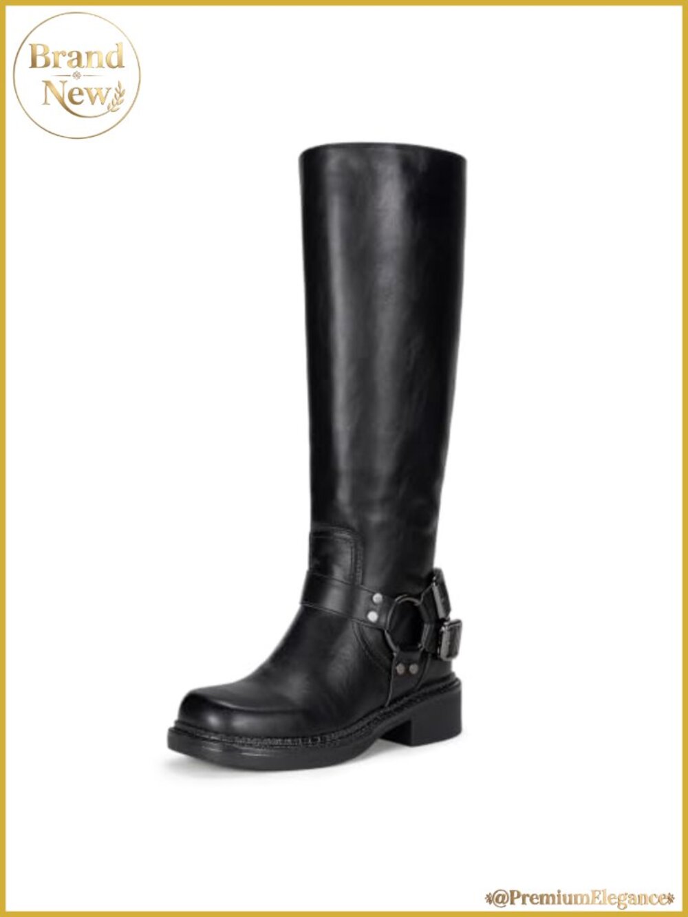 Faux Leather Knee High Riding Boots Square Toe Buckle Harness Block Heel